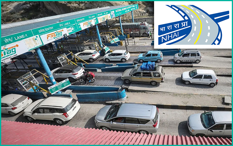 Vehicles passing through an NHAI FASTag toll plaza